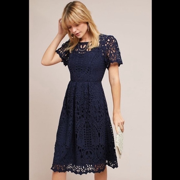 Anthropologie ERI + ALI Lattice Lace Navy Blue Fit N’ Flare Dress shortsleeve XS - Picture 2 of 16
